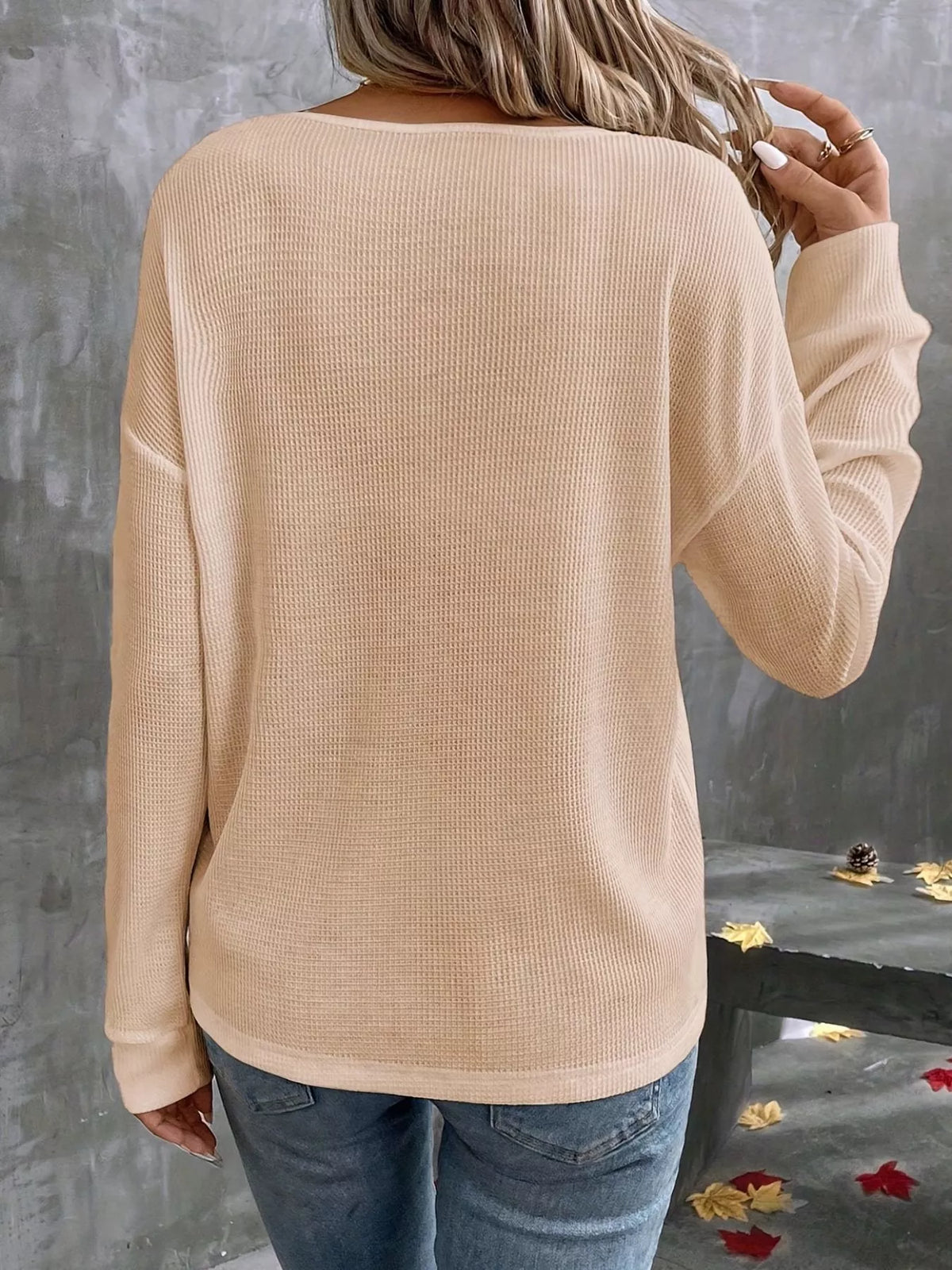 Plus Size V-Neck Long Sleeve Waffle Knit T-Shirt