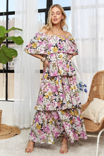 Layered Floral Off-Shoulder Short Sleeve Maxi Dress – Elegant Off-Shoulder Maxi Dress with Layered Floral Pattern for a Romantic Look