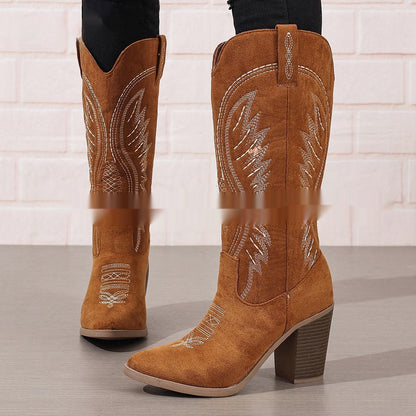 Autumn New Pointed Mid Heel High Tube Embroidered Denim Boots