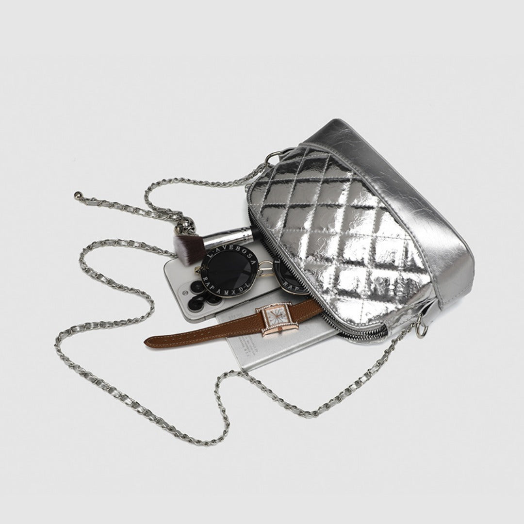 Simple chain bag, silver metallic shoulder Crossbody bag, fashionable small diamond bag women