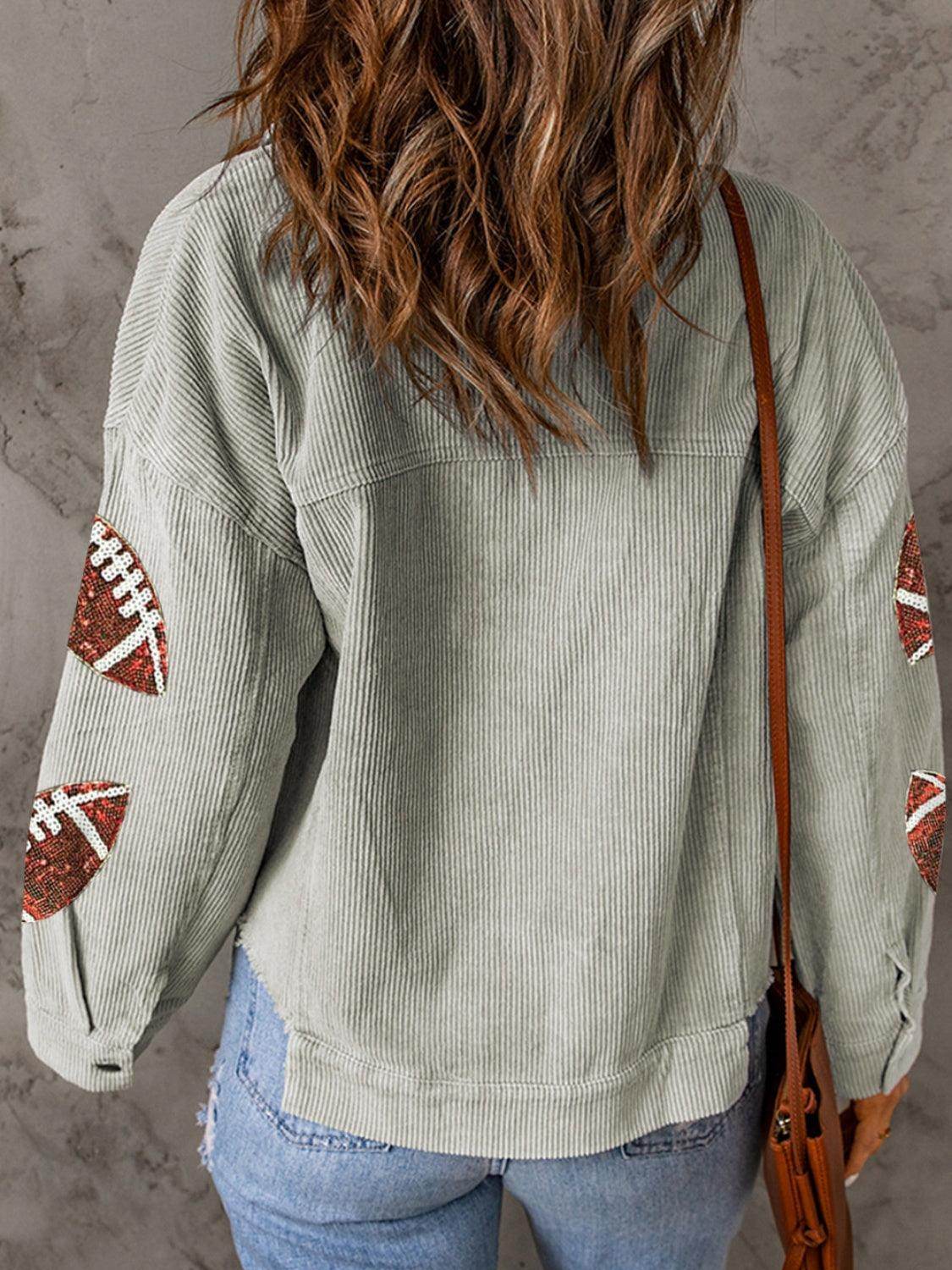 Football Sequin Button Up Dropped Shoulder Jacket for Women