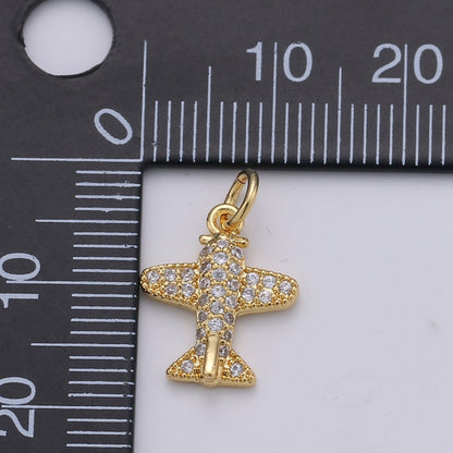 14K Gold Filled 18mm Micro Paved Airplane Travel Charm in Gold &amp; Silver | D202