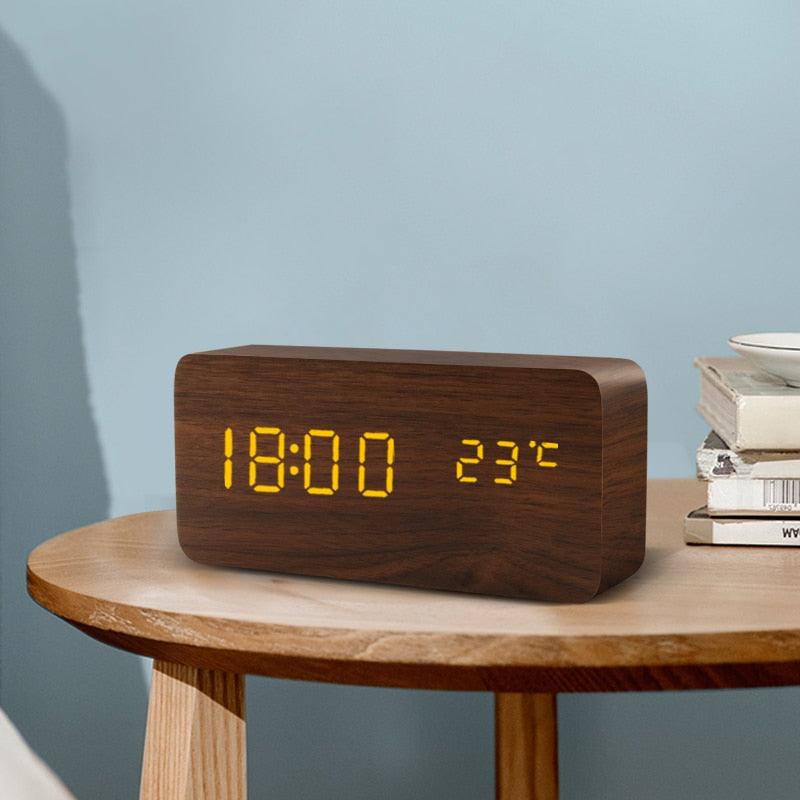 Alarm Clock LED Wooden Watch Digital Alarm Clock with Wooden Electronic LED Time Display 3 Alarm Settings Humidity &amp; Temperature Detect Wood Made Electric Clocks Table Voice Control Digital Wood USB/AAA Powered Electronic Desktop Clocks