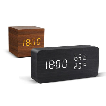 Alarm Clock LED Wooden Watch Digital Alarm Clock with Wooden Electronic LED Time Display 3 Alarm Settings Humidity &amp; Temperature Detect Wood Made Electric Clocks Table Voice Control Digital Wood USB/AAA Powered Electronic Desktop Clocks