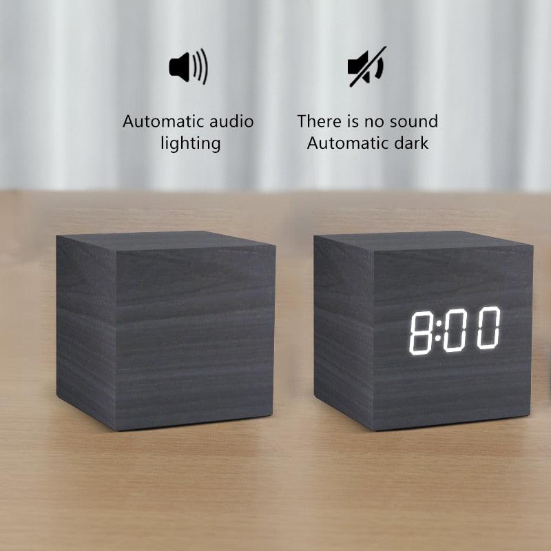 Alarm Clock LED Wooden Watch Digital Alarm Clock with Wooden Electronic LED Time Display 3 Alarm Settings Humidity &amp; Temperature Detect Wood Made Electric Clocks Table Voice Control Digital Wood USB/AAA Powered Electronic Desktop Clocks