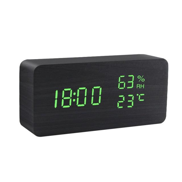 Alarm Clock LED Wooden Watch Digital Alarm Clock with Wooden Electronic LED Time Display 3 Alarm Settings Humidity &amp; Temperature Detect Wood Made Electric Clocks Table Voice Control Digital Wood USB/AAA Powered Electronic Desktop Clocks