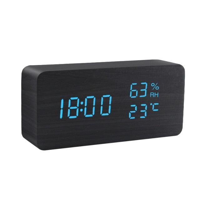 Alarm Clock LED Wooden Watch Digital Alarm Clock with Wooden Electronic LED Time Display 3 Alarm Settings Humidity &amp; Temperature Detect Wood Made Electric Clocks Table Voice Control Digital Wood USB/AAA Powered Electronic Desktop Clocks