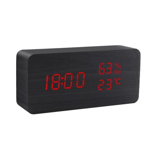 Alarm Clock LED Wooden Watch Digital Alarm Clock with Wooden Electronic LED Time Display 3 Alarm Settings Humidity &amp; Temperature Detect Wood Made Electric Clocks Table Voice Control Digital Wood USB/AAA Powered Electronic Desktop Clocks