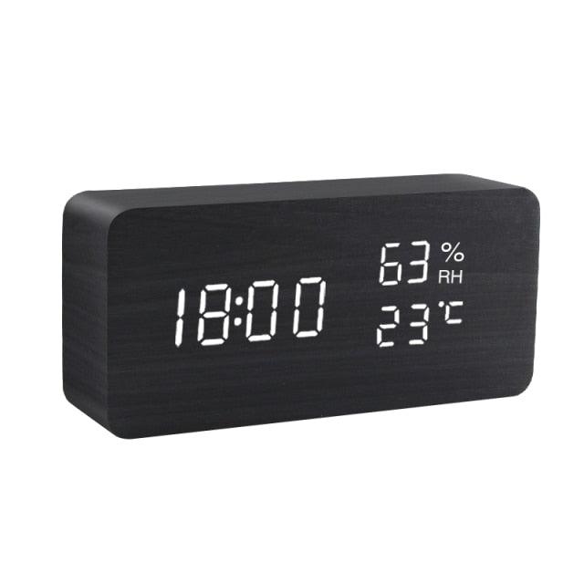 Alarm Clock LED Wooden Watch Digital Alarm Clock with Wooden Electronic LED Time Display 3 Alarm Settings Humidity &amp; Temperature Detect Wood Made Electric Clocks Table Voice Control Digital Wood USB/AAA Powered Electronic Desktop Clocks