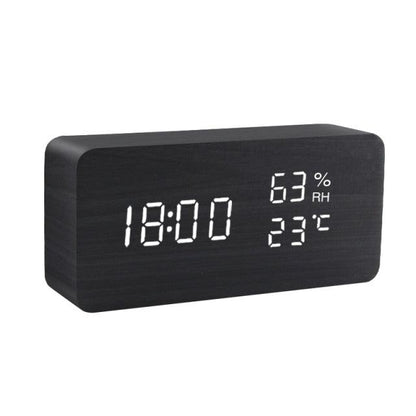Alarm Clock LED Wooden Watch Digital Alarm Clock with Wooden Electronic LED Time Display 3 Alarm Settings Humidity &amp; Temperature Detect Wood Made Electric Clocks Table Voice Control Digital Wood USB/AAA Powered Electronic Desktop Clocks