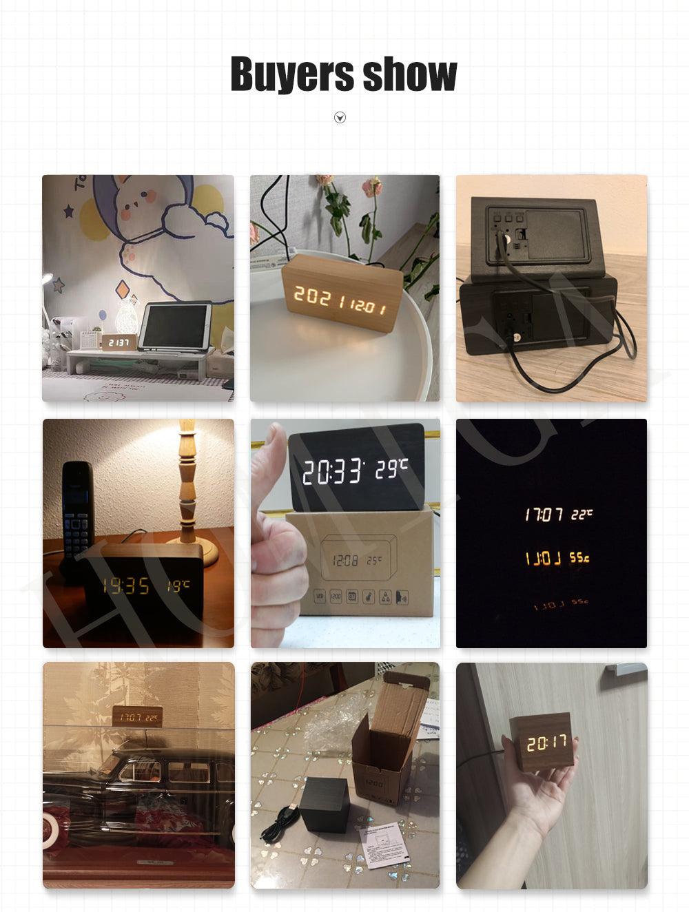 Alarm Clock LED Wooden Watch Digital Alarm Clock with Wooden Electronic LED Time Display 3 Alarm Settings Humidity &amp; Temperature Detect Wood Made Electric Clocks Table Voice Control Digital Wood USB/AAA Powered Electronic Desktop Clocks