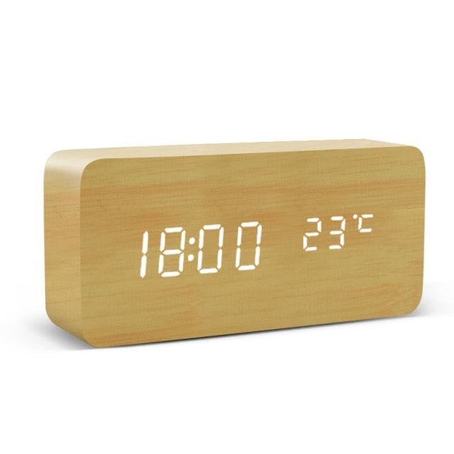 Alarm Clock LED Wooden Watch Digital Alarm Clock with Wooden Electronic LED Time Display 3 Alarm Settings Humidity &amp; Temperature Detect Wood Made Electric Clocks Table Voice Control Digital Wood USB/AAA Powered Electronic Desktop Clocks