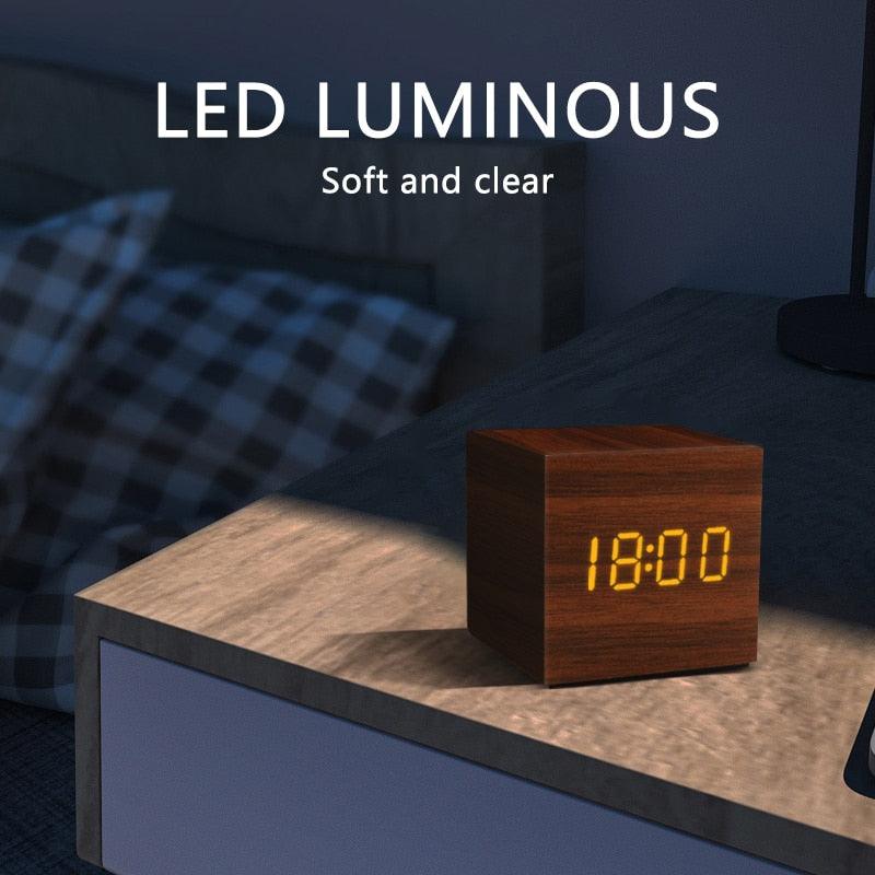 Alarm Clock LED Wooden Watch Digital Alarm Clock with Wooden Electronic LED Time Display 3 Alarm Settings Humidity &amp; Temperature Detect Wood Made Electric Clocks Table Voice Control Digital Wood USB/AAA Powered Electronic Desktop Clocks