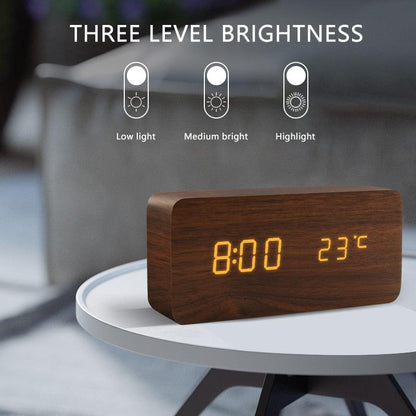 Alarm Clock LED Wooden Watch Digital Alarm Clock with Wooden Electronic LED Time Display 3 Alarm Settings Humidity &amp; Temperature Detect Wood Made Electric Clocks Table Voice Control Digital Wood USB/AAA Powered Electronic Desktop Clocks