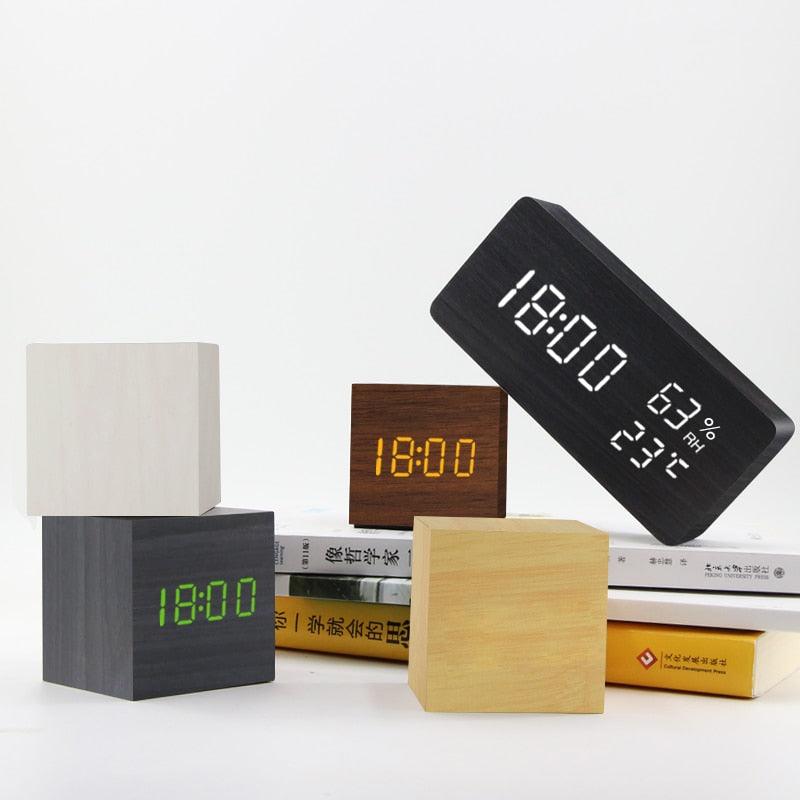 Alarm Clock LED Wooden Watch Digital Alarm Clock with Wooden Electronic LED Time Display 3 Alarm Settings Humidity &amp; Temperature Detect Wood Made Electric Clocks Table Voice Control Digital Wood USB/AAA Powered Electronic Desktop Clocks