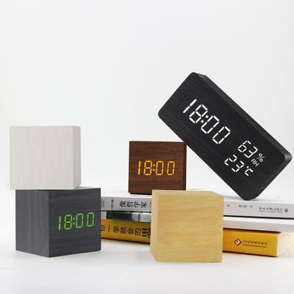Alarm Clock LED Wooden Watch Digital Alarm Clock with Wooden Electronic LED Time Display 3 Alarm Settings Humidity &amp; Temperature Detect Wood Made Electric Clocks Table Voice Control Digital Wood USB/AAA Powered Electronic Desktop Clocks