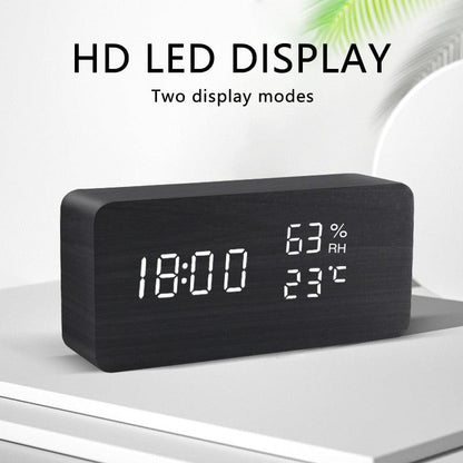 Alarm Clock LED Wooden Watch Digital Alarm Clock with Wooden Electronic LED Time Display 3 Alarm Settings Humidity &amp; Temperature Detect Wood Made Electric Clocks Table Voice Control Digital Wood USB/AAA Powered Electronic Desktop Clocks