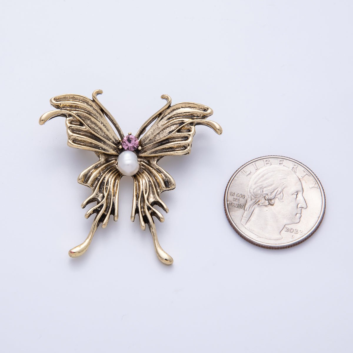 Vintage Gold 41mm Purple CZ Shell Pearl Butterfly Mariposa Animals Brooch Pin | BH-016