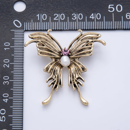 Vintage Gold 41mm Purple CZ Shell Pearl Butterfly Mariposa Animals Brooch Pin | BH-016