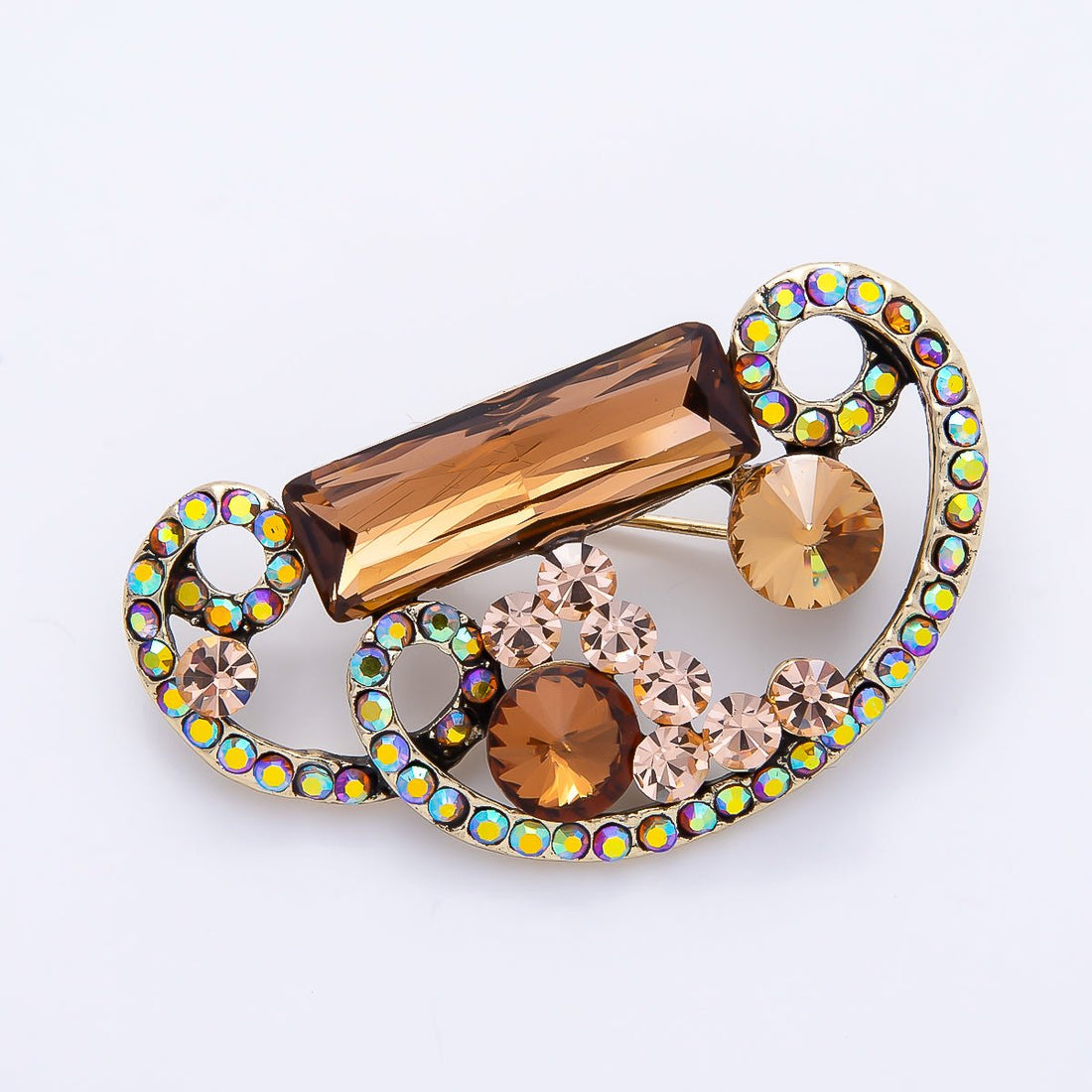 Antique Gold 46mm Brown Baguette AB Round Rhinestone Open Geometric Pin Brooch | BH-00162
