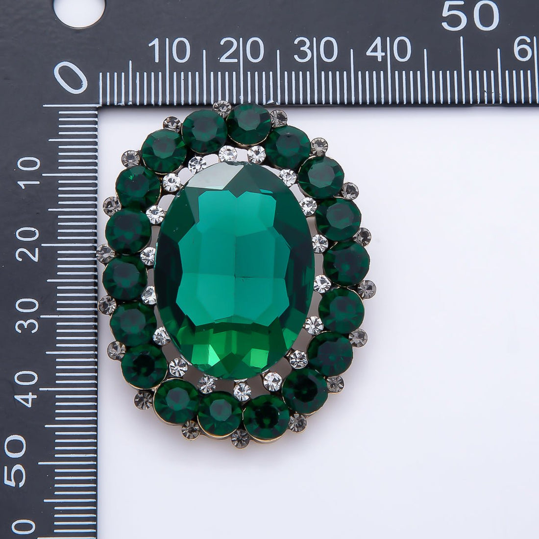 Antique Gold 46mm Green Rhinestone Oval Statement Pin Brooch | BH-00184