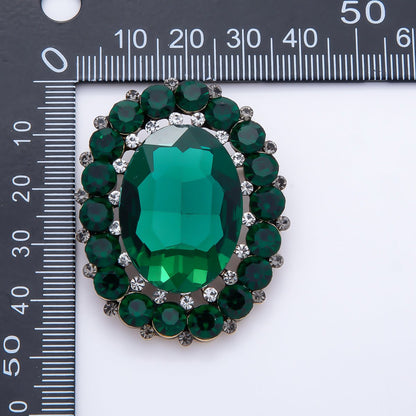 Antique Gold 46mm Green Rhinestone Oval Statement Pin Brooch | BH-00184