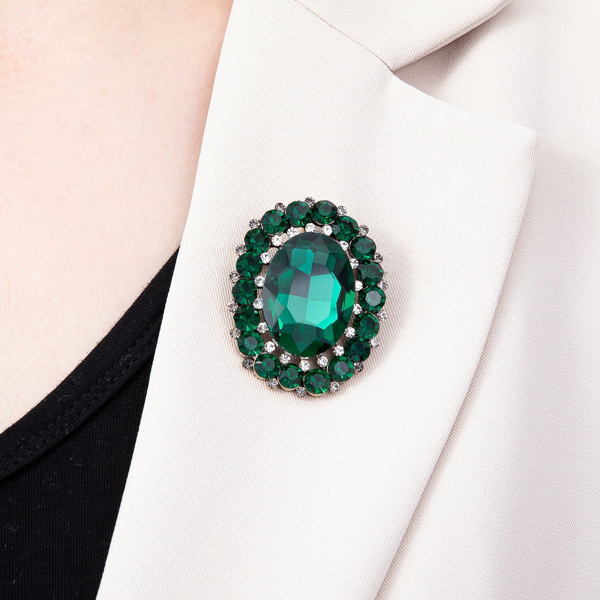 Antique Gold 46mm Green Rhinestone Oval Statement Pin Brooch | BH-00184