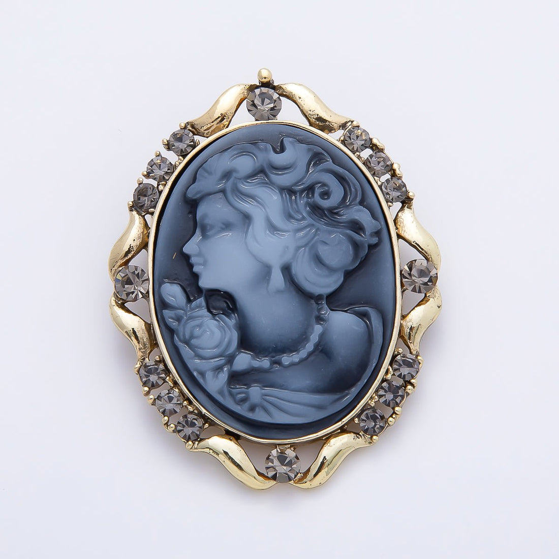 Antique Gold 50mm Blue Epoxy Lady Portrait Cameo Rhinestone Oval Pin Brooch | BH-00160