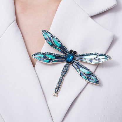 Antique Gold 94mm Blue Micro Paved CZ Dragonfly Insect Enamel Brooch Pin | BH-017