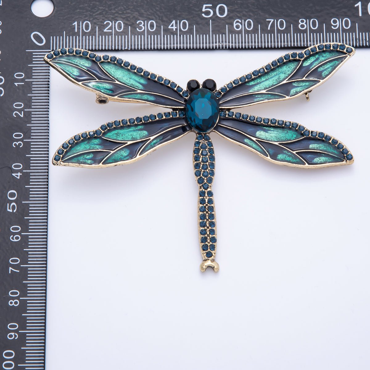 Antique Gold 94mm Blue Micro Paved CZ Dragonfly Insect Enamel Brooch Pin | BH-017