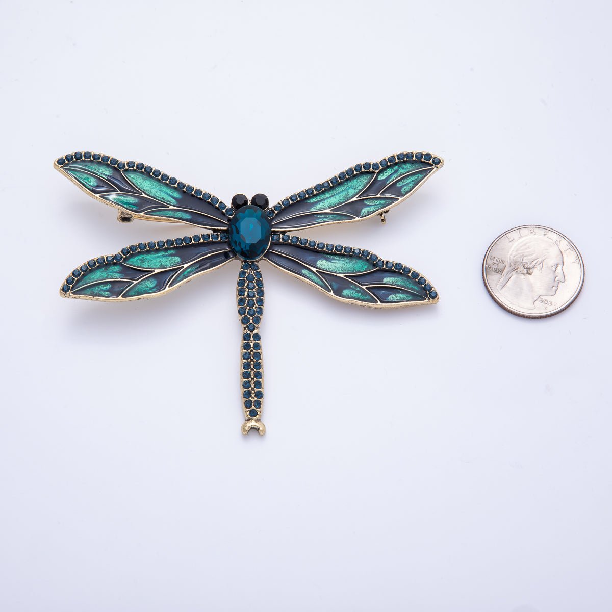 Antique Gold 94mm Blue Micro Paved CZ Dragonfly Insect Enamel Brooch Pin | BH-017