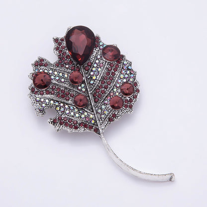 Antique Silver 80mm x 47mm Red Rhinestone Nature Leaf Plant Pin Brooch | BH-139