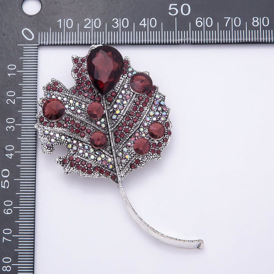 Antique Silver 80mm x 47mm Red Rhinestone Nature Leaf Plant Pin Brooch | BH-139