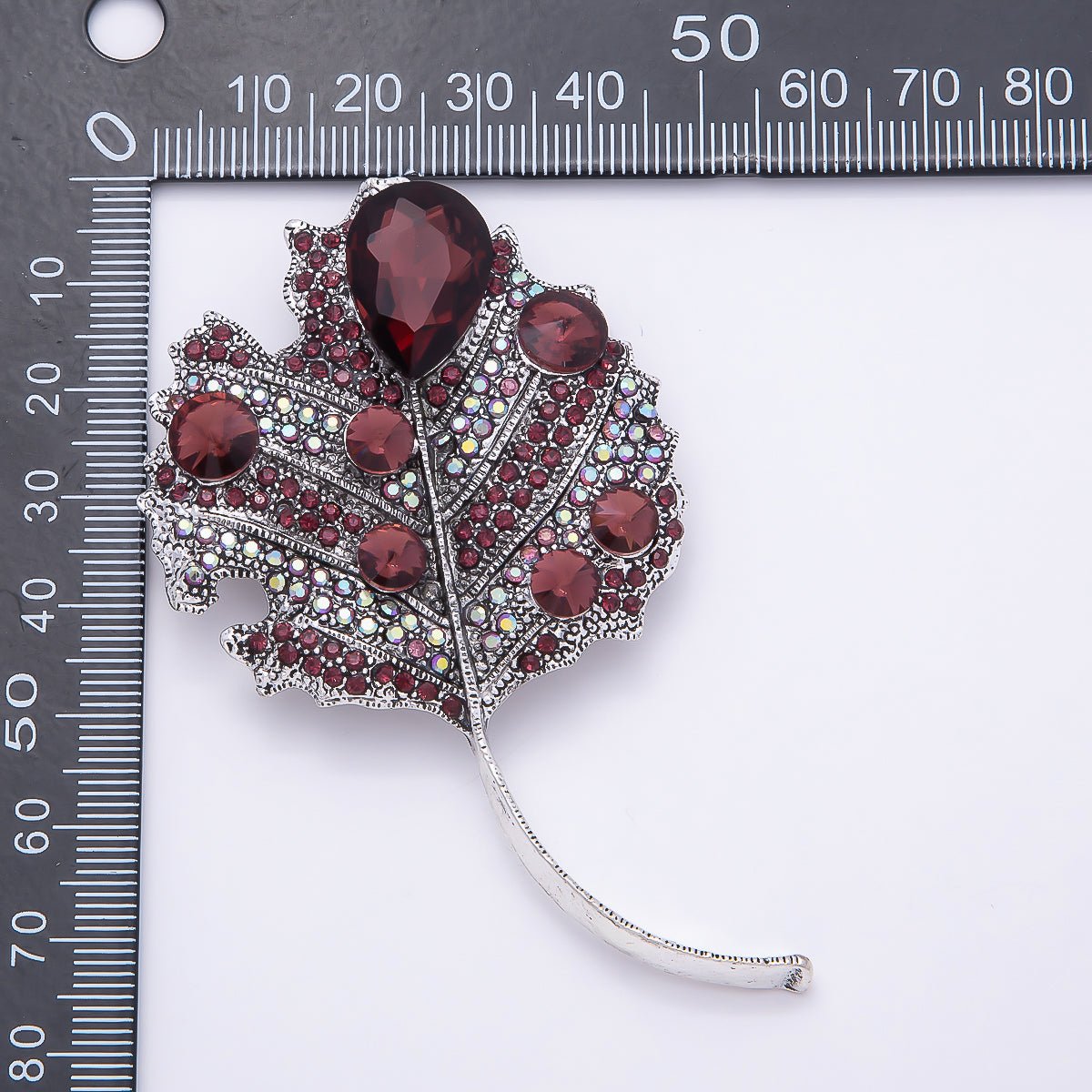 Antique Silver 80mm x 47mm Red Rhinestone Nature Leaf Plant Pin Brooch | BH-139