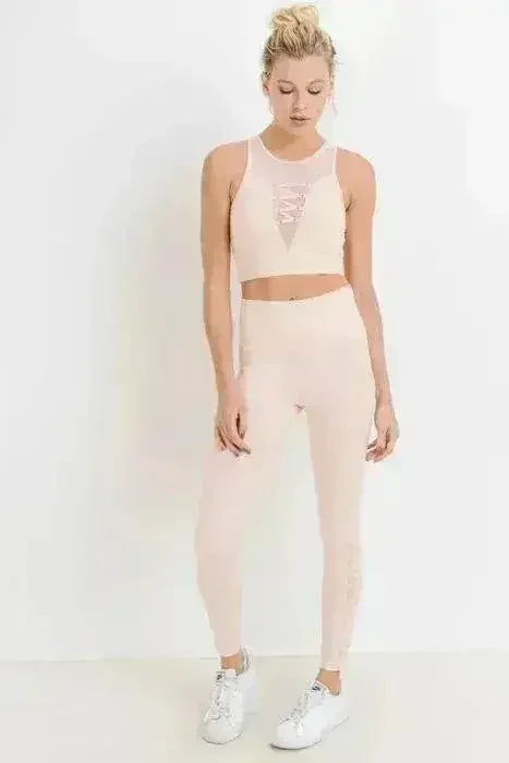 Highwaist Hybrid Mesh &amp; Lattice Straps Full Pocket Leggings