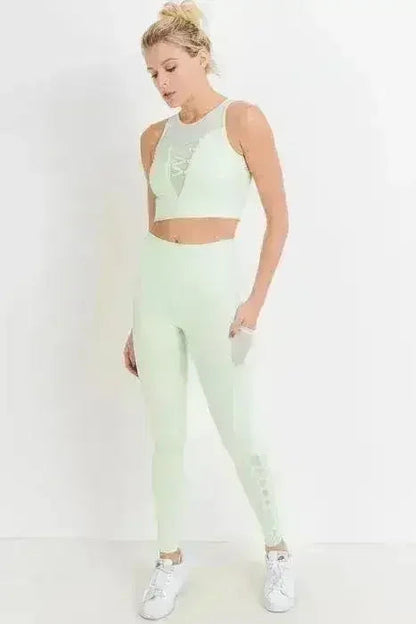 Highwaist Hybrid Mesh &amp; Lattice Straps Full Pocket Leggings