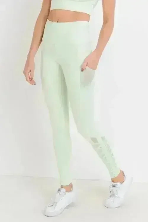 Highwaist Hybrid Mesh &amp; Lattice Straps Full Pocket Leggings