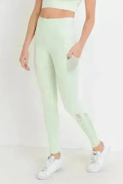 Highwaist Hybrid Mesh &amp; Lattice Straps Full Pocket Leggings