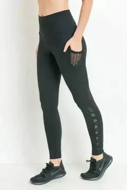 Highwaist Hybrid Mesh &amp; Lattice Straps Full Pocket Leggings