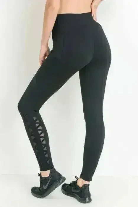 Highwaist Hybrid Mesh &amp; Lattice Straps Full Pocket Leggings
