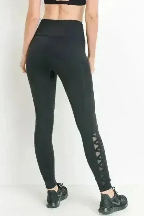 Highwaist Hybrid Mesh &amp; Lattice Straps Full Pocket Leggings