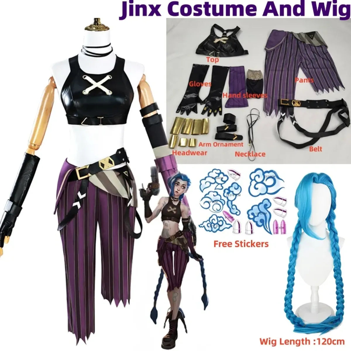 Arcane Jinx Cosplay Costume – LOL Season 2 Loli Outfit with Wig &amp; Accessories