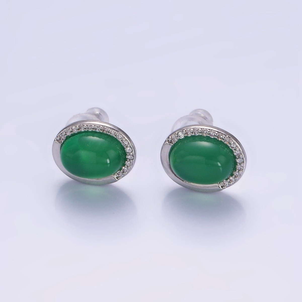 Aventurine Micro Paved CZ Oval Stud Earrings in Gold &amp; Silver | V522 V523