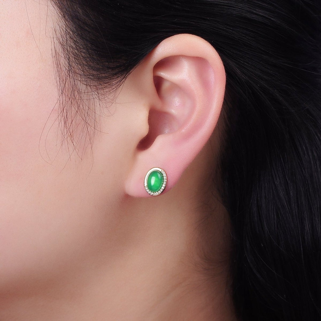 Aventurine Micro Paved CZ Oval Stud Earrings in Gold &amp; Silver | V522 V523