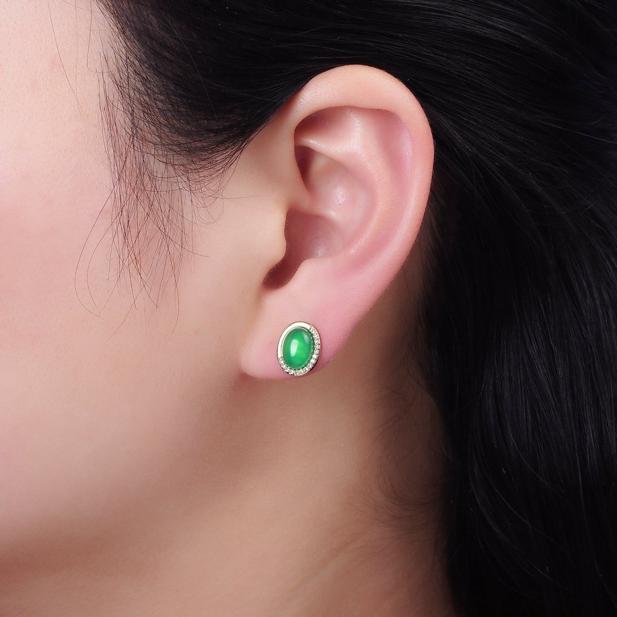 Aventurine Micro Paved CZ Oval Stud Earrings in Gold &amp; Silver | V522 V523