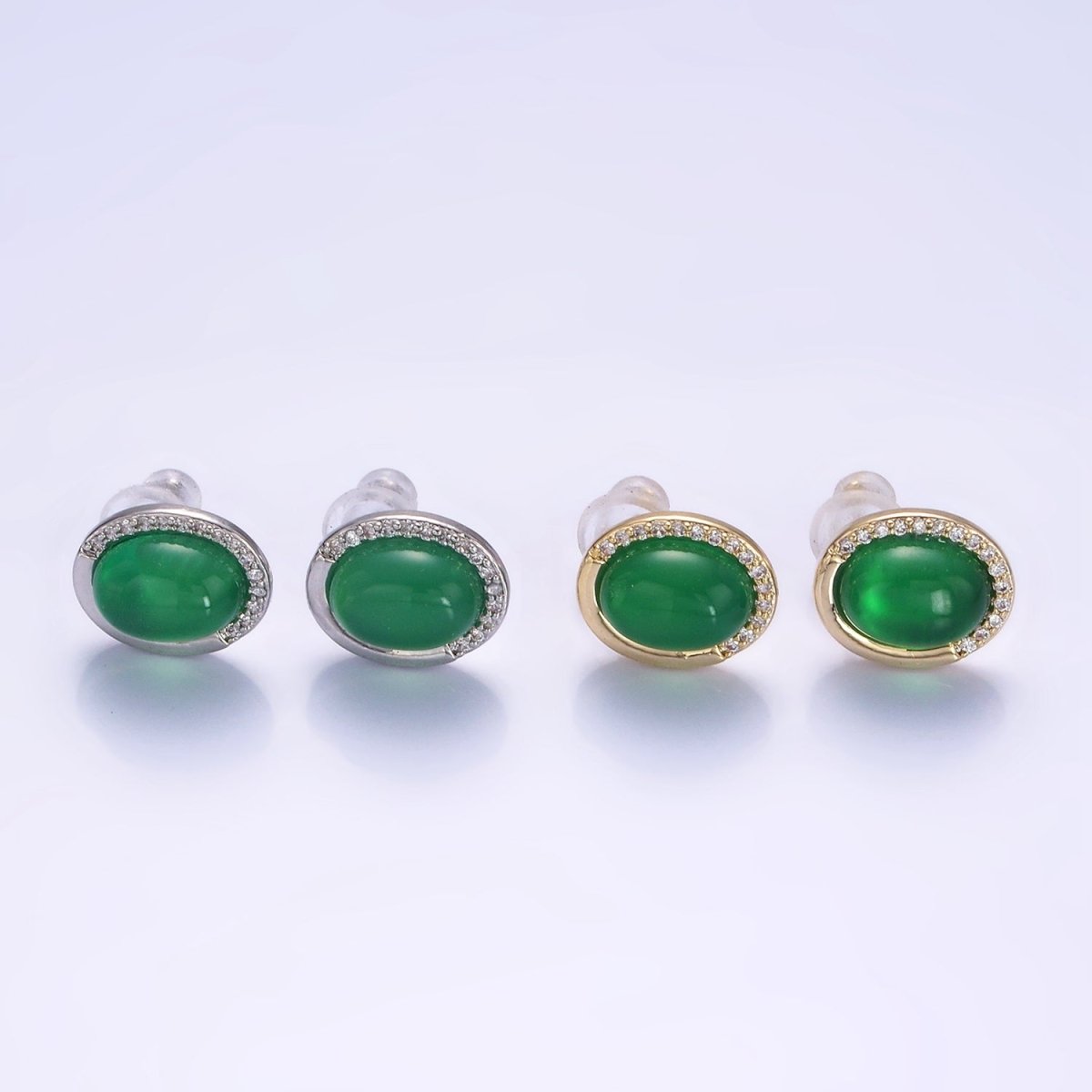Aventurine Micro Paved CZ Oval Stud Earrings in Gold &amp; Silver | V522 V523