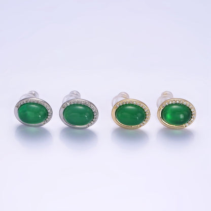 Aventurine Micro Paved CZ Oval Stud Earrings in Gold &amp; Silver | V522 V523