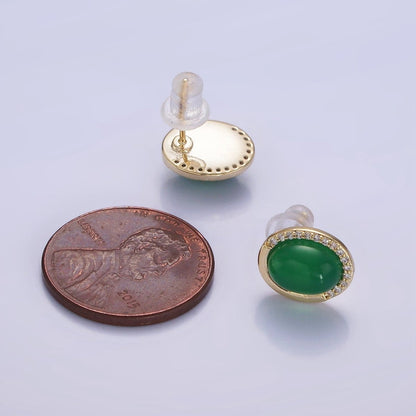 Aventurine Micro Paved CZ Oval Stud Earrings in Gold &amp; Silver | V522 V523