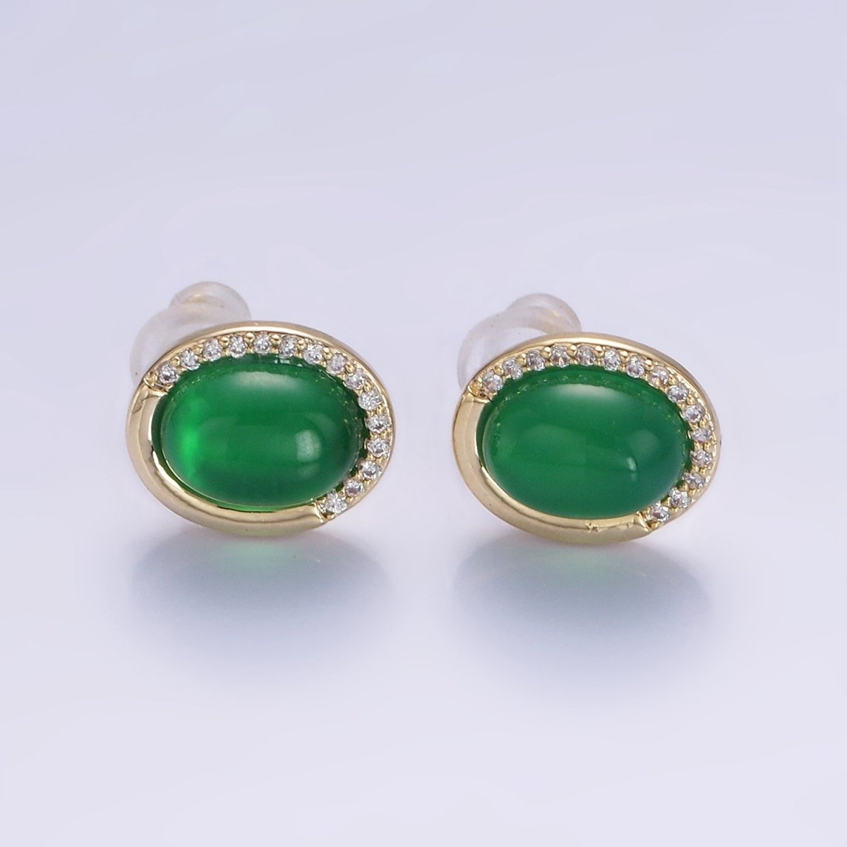 Aventurine Micro Paved CZ Oval Stud Earrings in Gold &amp; Silver | V522 V523