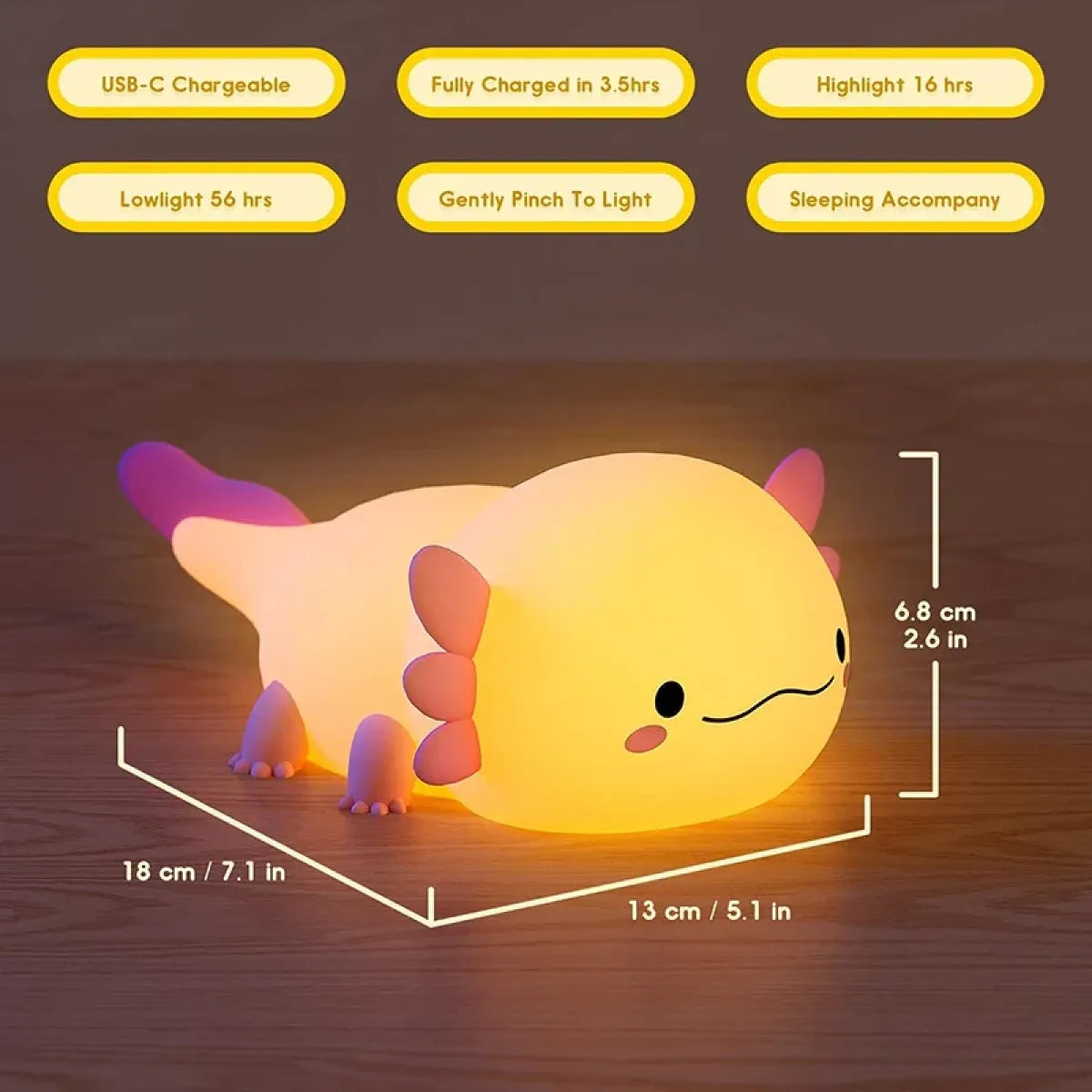 Axolotl Night Light – USB Rechargeable Silicone Touch Lamp